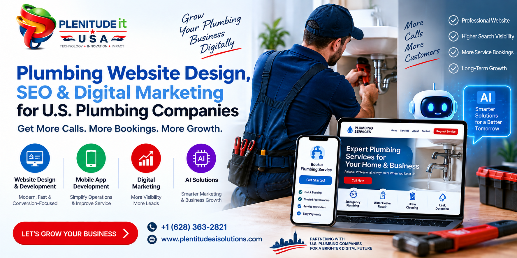 Plumbing website design, SEO, digital marketing, mobile app and AI solutions for U.S. plumbing companies